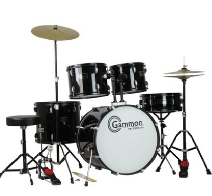 New Drum Set Black 5-Piece Complete Full Size With Cymbals Stands Stool Sticks